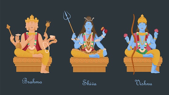 Gods of hinduism vishnu, shiva, brahma. Three main hindu deities creators of universe four headed brahma with rosary, shiva trident and snake, vishnu bow and lotus.