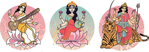 Hinduism goddesses Sarasvati, Lakshmi and Durga. Three forms of shakti, vector image