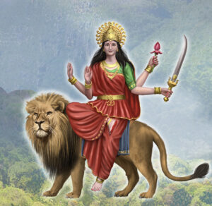 Ma-Katyayani_riding on a lion with a sword and a lotus in hand